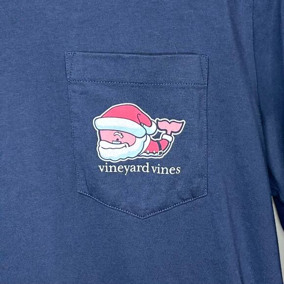 Vineyard Vines Blue Pocket T-Shirt Size S Long Sleeves Santa Merry Christmas - Picture 5 of 9